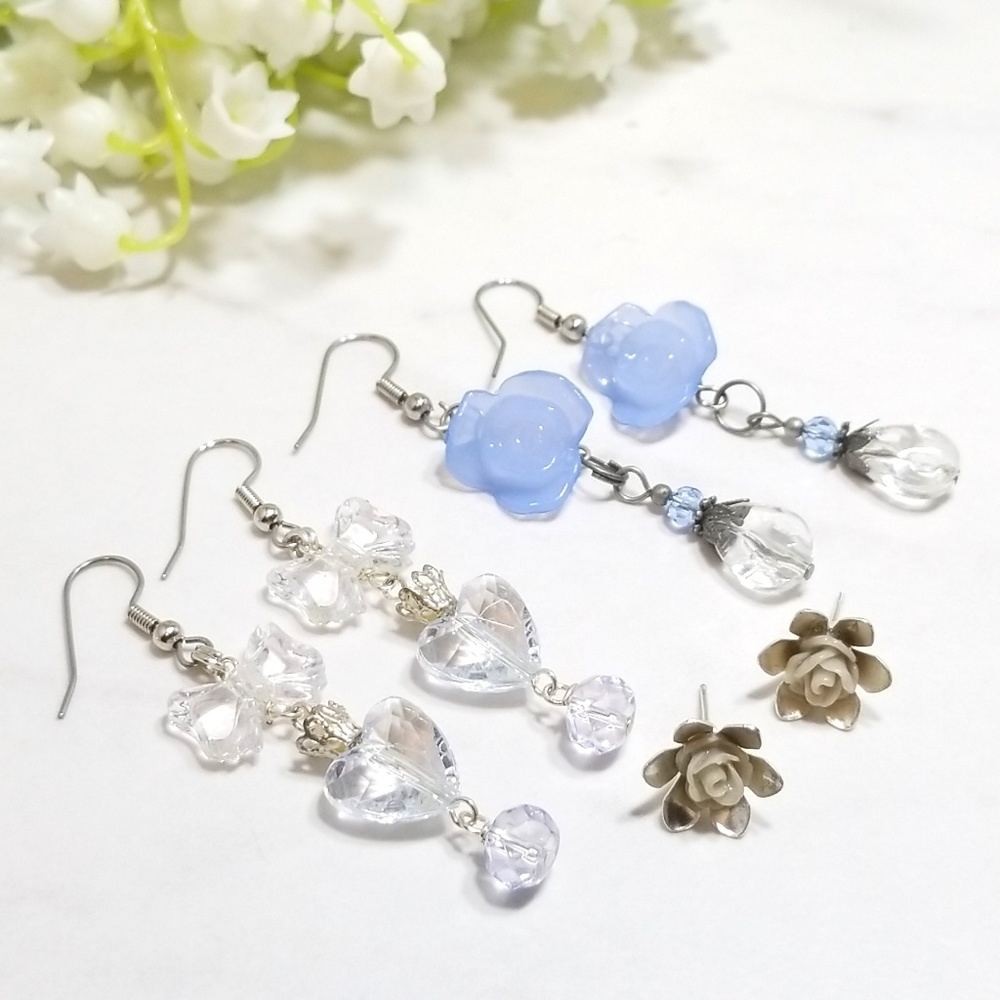 Handmade Cute Blue Rose Dangle & Studs Earring Set